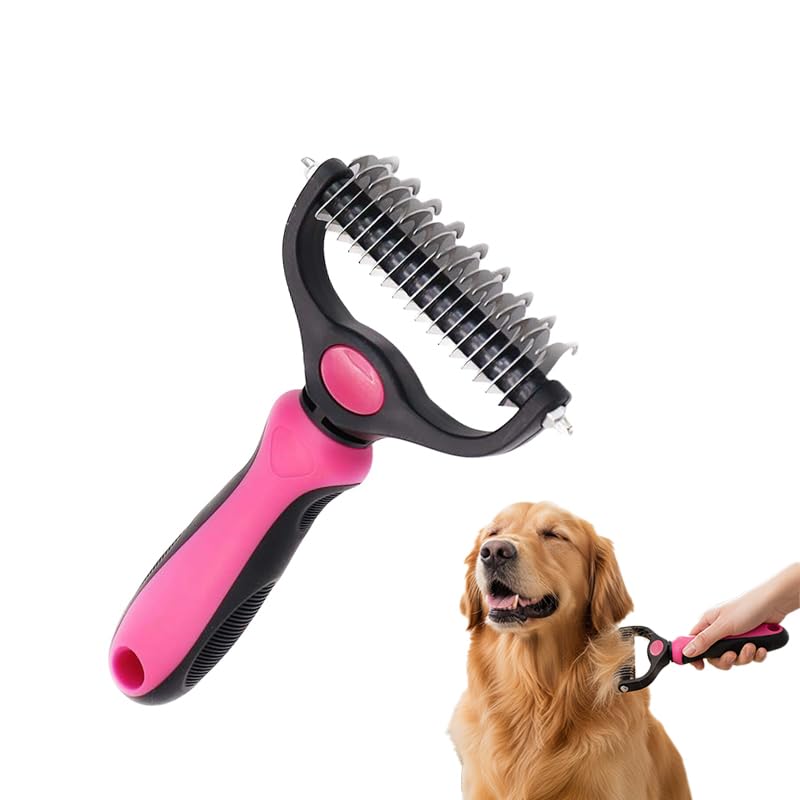 Pet Grooming Tool, Double Sided Deshedding Brush Dematting Rake, Stainless Steel Grooming Comb for Dogs & Cats, Undercoat Rake for Removing Loose Fur, Tangles and Knots (Pink-L, 1 Pack)