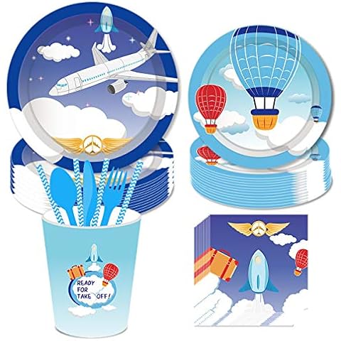 FAIRYRAIN Airplane Birthday Theme Party Supplies Decorations Set ncluding 8 x 9 Plates, 8x 7 Plates, 8x9 Oz Cups, 20x Luncheon Napkins,24 Pcs Tableware Set, Paper straws Serves 8 Guest Set Cover