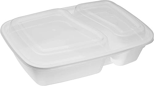 Paquete de 25 recipientes blancos para preparación de comidas, 2 compartimentos con tapas, caja Bento para almacenamiento de alimentos, para