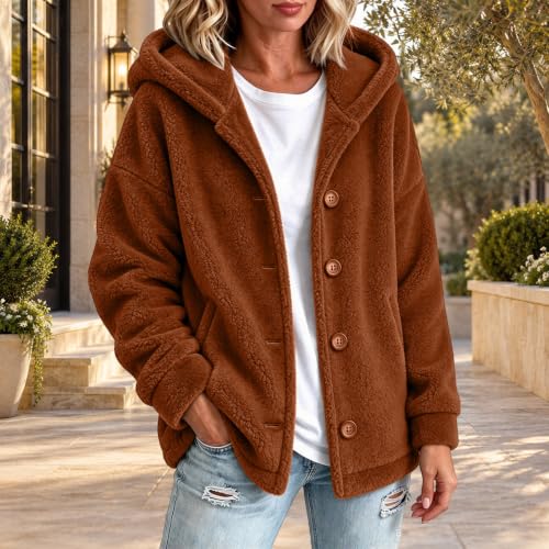 Sherpa Fleece Jacket Women Warm Cozy Button Up Hooded Teddy Coats Brown - image 3