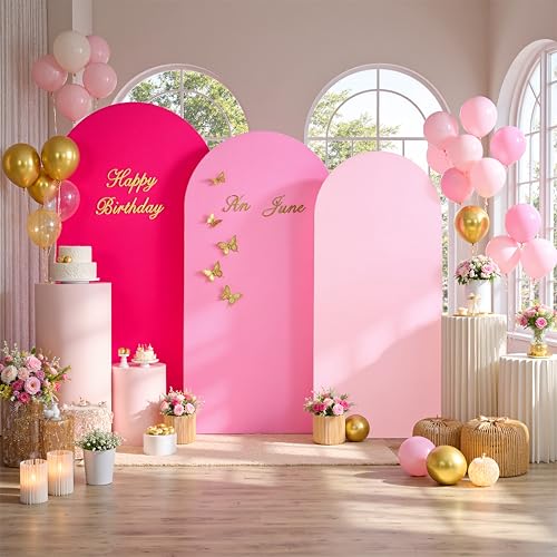 Image of Gradient Pink Arch Backdrop Cover Set of 3 (7.2ft, 6.6ft, 6ft), Ombre Hot Baby Blush Pink Chiara Frame Covers, Spandex Wrinkle-Free Fabric for Girl Birthday Party Decor (No Stand)