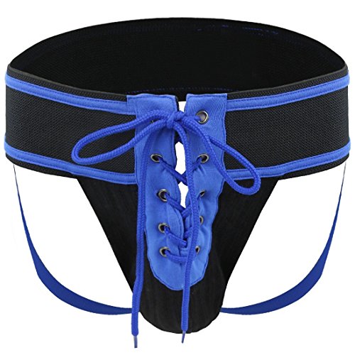 FEESHOW Mens Lacing Up Briefs Jock Strap Sports Underwear Athletic Supporter (Blue, Small)