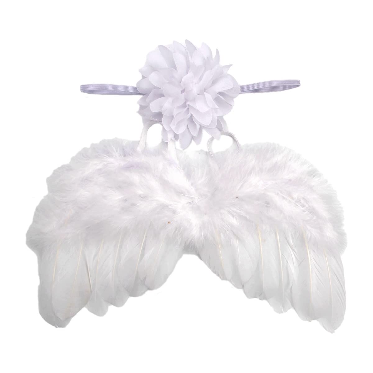 Nishine 2 PACK White Newborn Fuzzy Feather Angel Wings + Headband Set for Baby Cosplay Girls Costume Photography (Chiffon Flower)