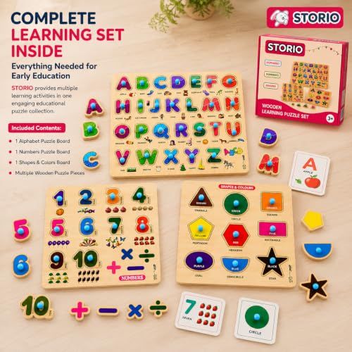 Image of Storio Wooden ABCD Learning Board for Kids, Alphabet Number Shape Puzzle Board, Montessori Educational Toy, Wooden Activity Puzzle for Toddlers Boys Girls Age 2 3 4 5 Years