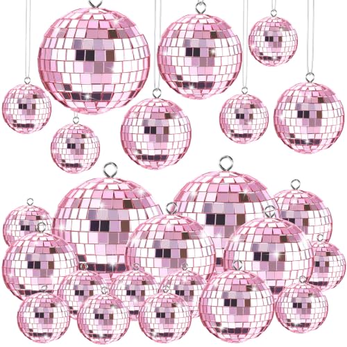 Image of MTLEE 20 Pcs Disco Ball Decor, Pink, 2.4, 2, 1.6, 1.2 Inch | Mirror Balls Ornaments for Weddings, Halloween DIY Bubbling Cauldron, Festivals, Outdoor Events,Hanging with Rope