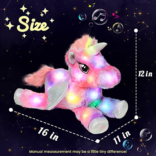 Hopearl Buntes LED-Musik-gefülltes Einhorn Beleuchtet Singendes Plüschspielzeug Verstellbare Lautstärke Wiegenlied Animiert Beruhigendes Geburtstagsfest Kinder Kleinkinder Mädchen, Regenbogen, 40 cm