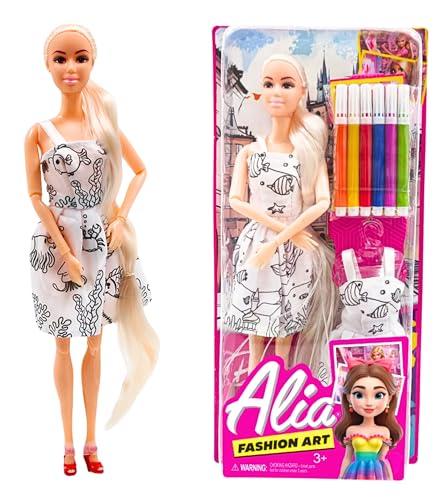 Image of Tickles Movable DIY Fashion Art Doll with Coloring Dress & 6 Markers | Creative Art Toy Birthday Gift for Kids Girls (Ages: 3+ Years, Size: 30 cm)