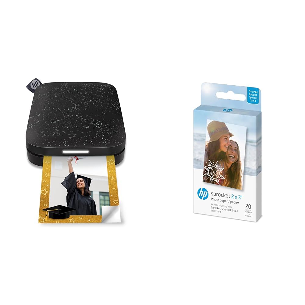 HP Sprocket Impresora fotográfica instantánea portátil de 5x7.6 cm, Imprima imágenes en Papel Adhesivo Zink,Morado & Sprocket Papel fotográfico Adhesivo Premium de Zink de 5 x 7.6 cm (20 Hojas)