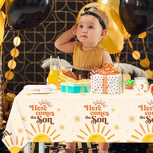 Image of CMUSKO 3Pcs Here Comes The Son Tablecloths-Boho Sun Boy 1st Birthday Party Supplies Retro Sunshine Disposable Plastic Table Covers,Here Comes The Son Baby Shower Decorations