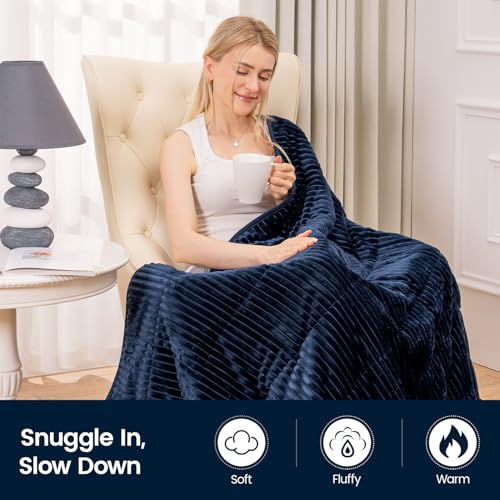Image of Sherpa Fleece Weighted Blanket with Ribbed Stripes for Adults, 17 lbs Dual Sided Cozy Warm Blanket for Couch Full Size Bed, Glass Beads Heavy Thick Blankets Great for Sleep, Navy Blue, 60 inch x 80 inch