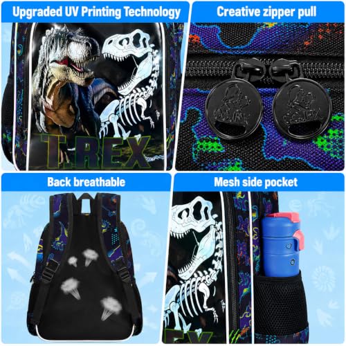 Image of WZLVO 3PCS Dinosaur Backpack for Boys, 16 inch Cool UV Printing Kids Bookbag /School Bag with Lunch Box & Pencil Bag for Preschool to Elementary - T-Rex Bone