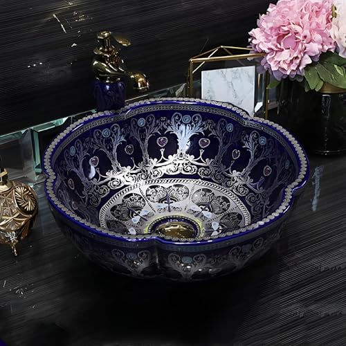 Image of BASSINO Designer Moroccan Ceramic Table Top Wash Basin /Glossy Blue Floral Art Bowl Sink for Bathroom /Handcrafted Countertop Washbasin for Office /Hotel(16.5 x 16.5 x 5 Inches)