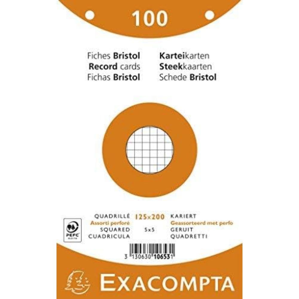 Exacompta - Réf. 10653E - Paquet de 100 fiches bristol quadrillées 5x5 perforées - sous film - compatibles avec imprimante jet d'encre, laser et photocopieur - format 125 x 200 mm - couleurs assorties