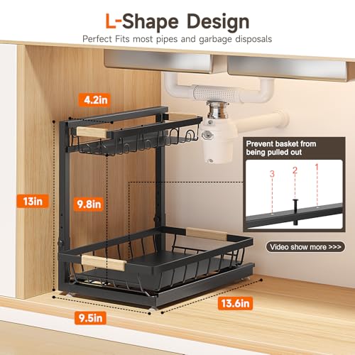 Sevenblue 2 Packs Under Sink Organizer, Height Adjustable 2 Tier Under Kitchen Sink Organizer, Multi-Purpose Storage Shelf for Kitchen Bathroom Cabinet (Black, Large) #3