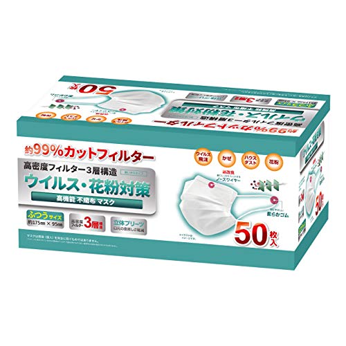 小林薬品 新ノーズワイヤー マスク 普通サイズ VFE BFE PFE 99%カット 高機能フィルター 3層構造 ウィルス対策 立体プリーツ 通気性 快適 耳痛くない 柔らかいひも 50枚 お徳用タイプ 17.5cm(175mm)