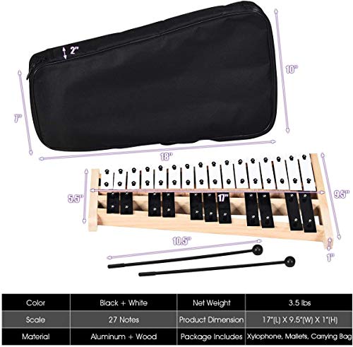 Image of Giantex 27 Note Glockenspiel Xylophone, Percussion Instrument with Wood Base and 27 Metal Keys, Alto Full Size Glockenspiel Xylophone for Adults and Kids- Includes 2 Mallets and Carrying Bag