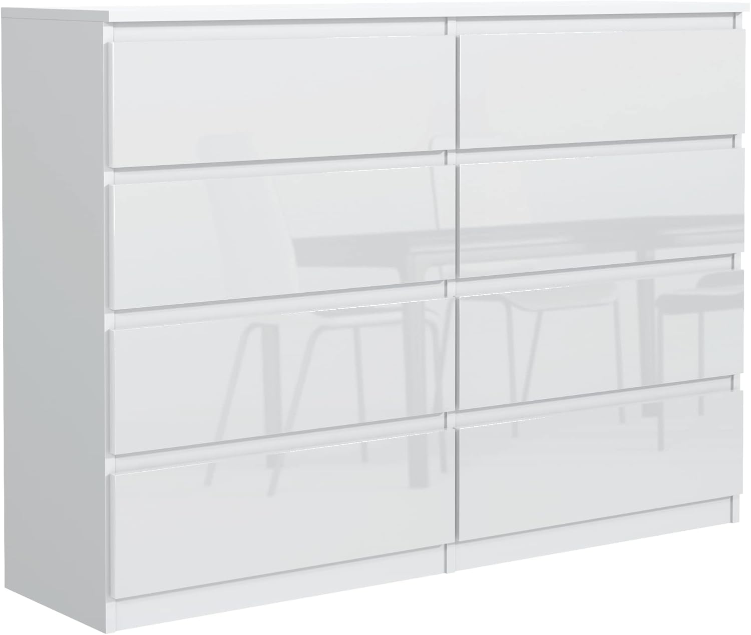 meble masztalerz Komoda Biała z 8 szufladami - Fronty wysoki połysk - 120,4x101,5x39 cm - Komoda do salonu, sypialni - Szafka z szufladami - Komoda z szufladami - 120 cm