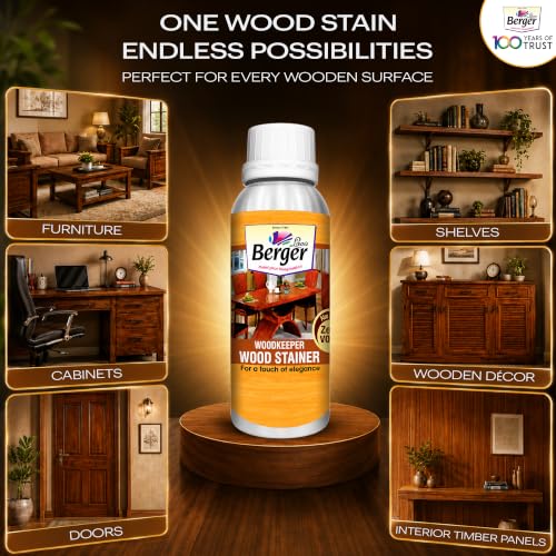 Image of Berger Wood Keeper 1L Dark Walnut Wood Stain with Leakproof Bottle & Easy Cloth Application Transparent Solvent-Based Stainer for Home Office Furniture Surfaces Shine and Finish (Pack of 1)