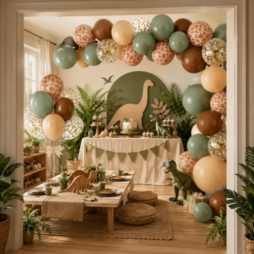 Image of Green and Brown Balloons, 12 Inchs Sage Green Deer Print Gold Confetti Balloons for Kids Woodland Baby Shower Decorations Safari Jungle Dinosaur Theme Birthday Party Wedding Grauation Supplies