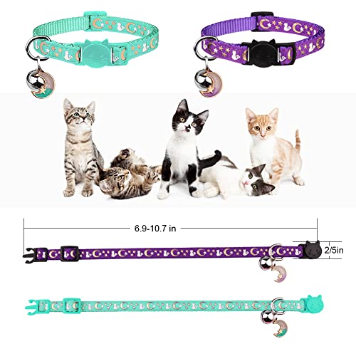 Image of 2PCS Breakaway Cat Collars with Bell Moons Stars Cute Kitty Adjustable Safe Kitten Collars with Pendant Glow in The Dark(Purple&Teal)