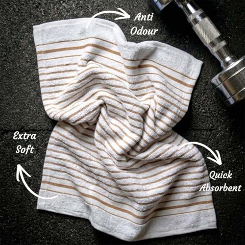 Image of Athom Living Premium Hand Towels- Cotton, 400 GSM, Ultra Soft, Quick Dry, Highly Absorbent | for Hand, Kitchen and Gym | 60 * 40 cm, Pack of 4 (White with Brown Strips)