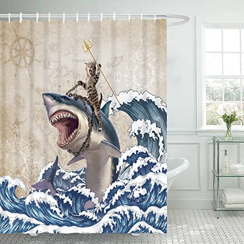 Leitingya Funny Cat Shower Curtain, Cool Cat Riding Shark Shower Curtain, Japanese Ocean Wave Nautical Anchor Shower Curtains For Bathroom, Waterproof Shower Curtain Set 12 Hooks Included -72X72 Inch #TOP2