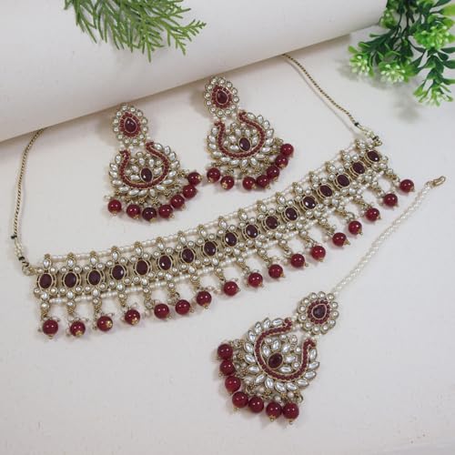 Image of I Jewels Gold Plated Traditional Kundan Pearl Drop Choker Necklace Jewellery With Earrings & Maang Tikka Set For Women /Girls