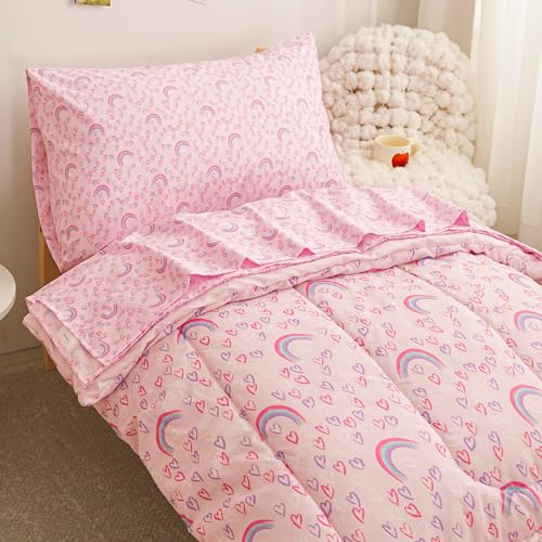 Image of Viviland Toddler Comforter Sets, 4 Pieces Bedding Sets, Rainbow Heart | Microfiber Pink Bed Set, Girls, Breathable & Soft, Comforter, Bed Sheet, Fitted Sheet and Pillowcase, Machine Washable