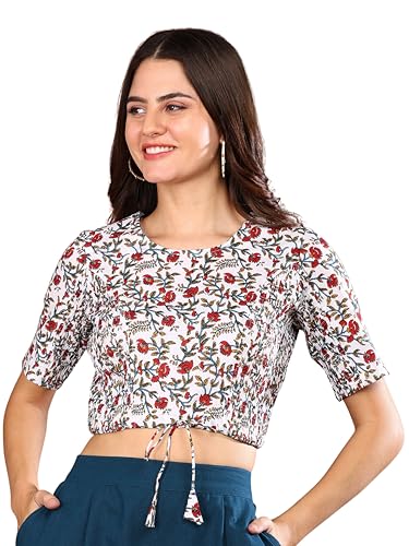 Image of Yash Gallery Women's Cotton Floral Printed Regular Blouse (White)