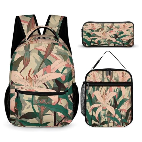 Peach Floral Pattern Printed Backpack With Lunch Pack Storage Box Case 3pcs Lightweight Travel Backpack