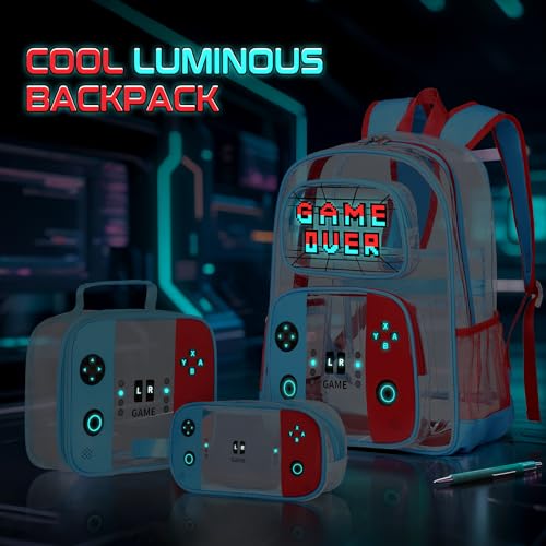 Clear Backpack for Boys, PVC Transparent Cool Luminous Gamer Backpack for Boys Girls Kids Children Teens Elementary Middle School, Clear Bookbag with Lunch Box & Pencil Case Set (Red Blue)3