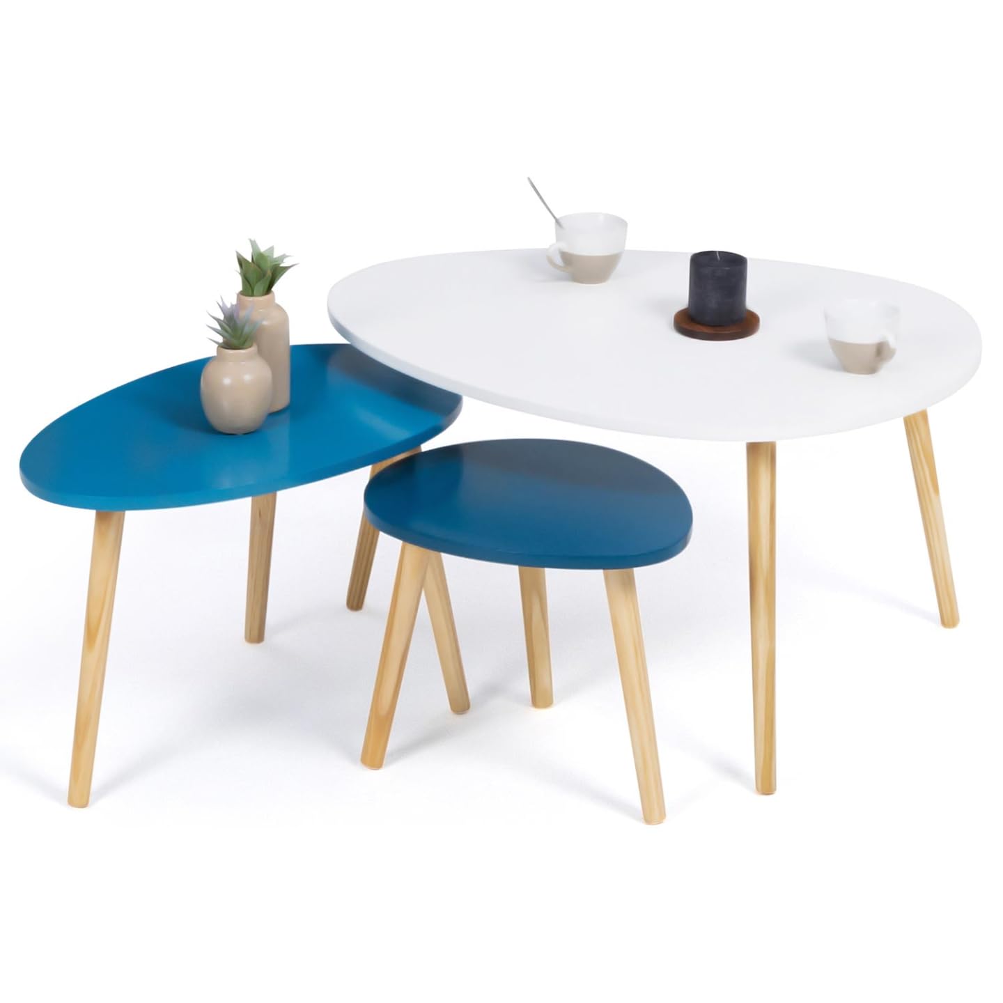 IDMarket - Lot de 3 Tables Basses gigognes Gaia laquées Blanc Bleu scandinave