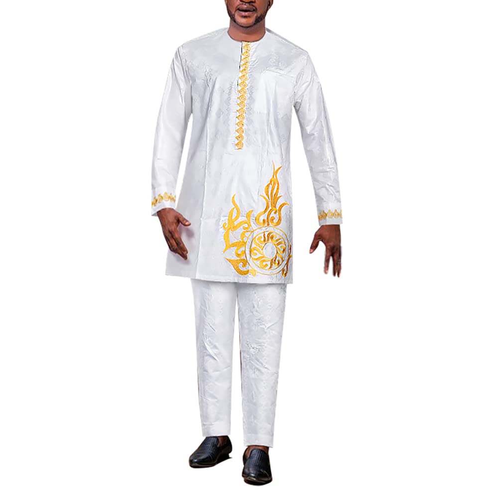 HDWest African Attire Embroidery White Dashiki Shirt Bazin Riche Top and Pants Outfit for Man Maxi Dress for Woman