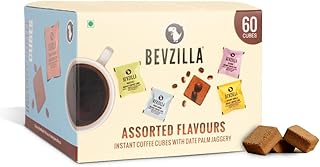 Bevzilla 60 Assorted Instant Coffee Cubes Pack with Date Palm Jaggery, 4 Flavours, Arabica Coffee, Zero Refined Sugar, Real Ingredients, No Preservatives, Drop Stir and Enjoy|Enjoy Hot & Cold