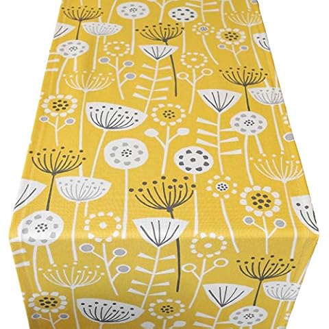 Scandinavian Style Table Runner. Bold Ochre Yellow and Grey/Black Geometric Floral Design. Available in two sizes. Dinner Party Table Decoration. (30cm x 180cm) Cover