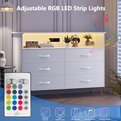 Image of Dresser for Bedroom with 6 Drawers, Wide Wood Chest of Drawers with Charging Station & RGB LED Lights - Storage and Organization Dresser for Living Room, Closet, Hallway, MDF Cabinet, White