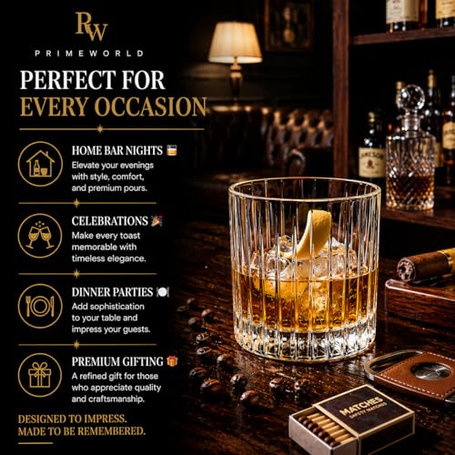 Image of PrimeWorld Newyork Eropean Crystal Whiskey Glasses Set of 6 pcs- 300 ml Bar Glass for Drinking Bourbon, Whisky, Scotch, Cocktails, Cognac- Old Fashioned Cocktail Tumblers