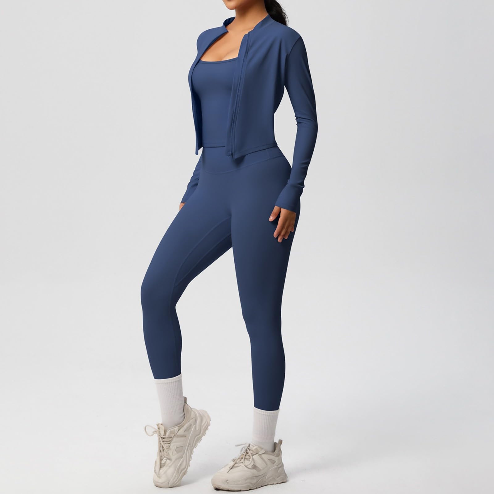 Damen Sportanzug 3 Stück Herbst und Winter Jogginganzüge Leggings Crop Top und Mantel Yoga Sport Tracksuit Baumwolle Fitness Running Loungewear Sportwear Yoga für Training und Fitnessstudio