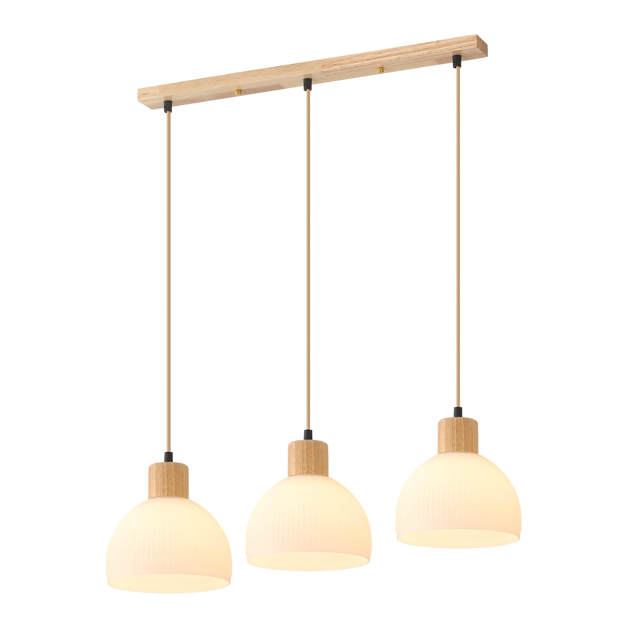 Schindora Pendelleuchte Esstisch 3-Flammig,Holz Und WeißEs Glas KüChe Lampe E27 HäNgelampe HöHeneinstellbar Wohnzimmerlampe FüR Wohnzimmer Schlafzimmer