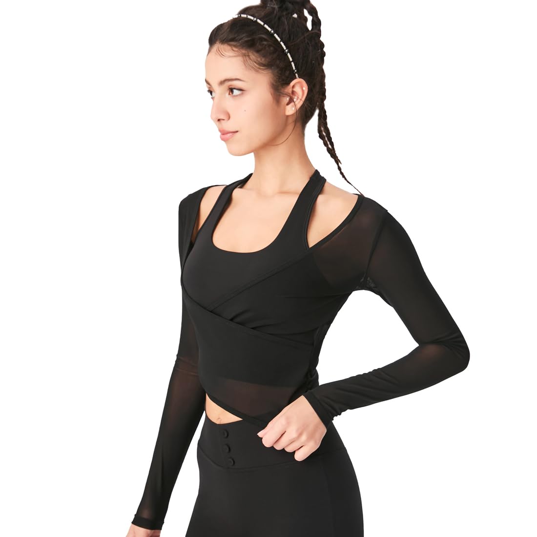 Harssidanzar Yoga Due Pezzi Set Manica Lunga per Le Donne Mesh Gym Athletic Top Allenamento Camicie con Reggiseno Sportivo CL306US