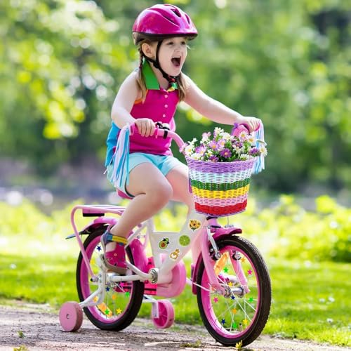 Fahrradkorb Kinder Vorne Fahrradkorb Mädchen Vorne für 14 16 18 20 Zoll Fahrrad Korb mit PU-Gurten, Aufkleber, Lenkerfransen, Fahrradklingel – Fahrrad Zubehör Kinder, Kinderfahrrad Zubehör, Regenbogen