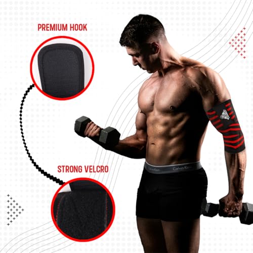 Image of Elbow Wraps for Weightlifting (Pair), Stretchable & Breathable 41 inch Elbow Compression Strap, Weightlifting Straps for Bench Press, Supports Powerlifting, Pressing, Elbow Straps for Gym Accessories for Men (Red)