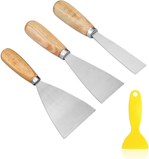 3 Putty Filling Scraper Tools, 1 Small Yellow Scraper, Wallpaper Scraper with Solid Wood Handle (1, 2, 3 inches), Flexible Plastic applicator, for Filling, DIY Decorating, Removing air Bubbles