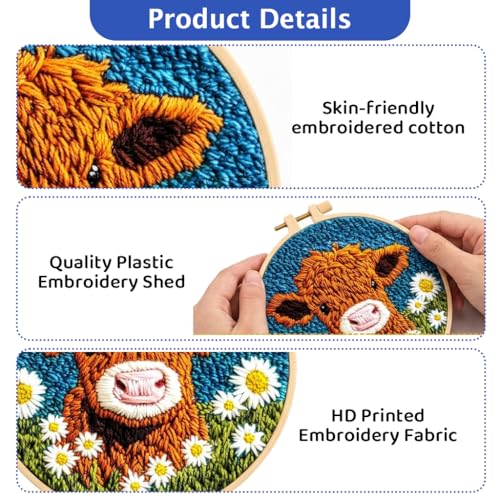 Image of PATPAT20cm DIY Tufting Craft Kit with Bamboo Embroidery Hoop, Pre-Printed Highland Cow Pattern, Yarn Set & Tufting Tools, Beginner Punch Needle Wall Art Kit for Plush 3D Home Decor, Gifts