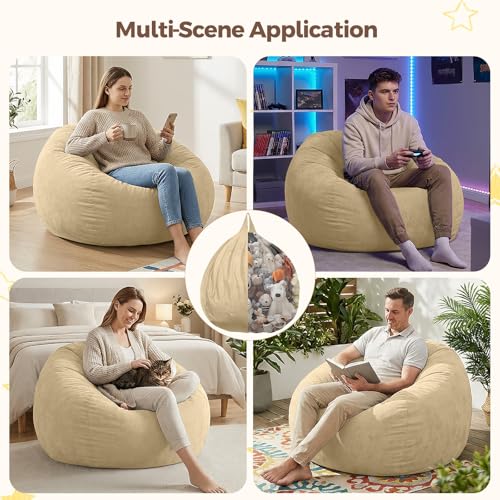 Image of Stuffed Animal Storage Bean Bag Chair Cover for Adults (No Filler), Soft Comfy Velvet Beanbag Chair Cover Machine Washable, Adults Bean Bag Chair with Handle for Living Room Bedroom, Camel