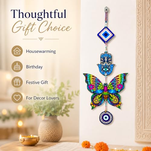 Image of Religious Door Hanging Decor with Pearl Beads & Tassel, Wooden Wall Hanging for Home Temple, Pooja Room, Entrance, Mandir Decoration & Spiritual Gift, Multicolor Butterfly