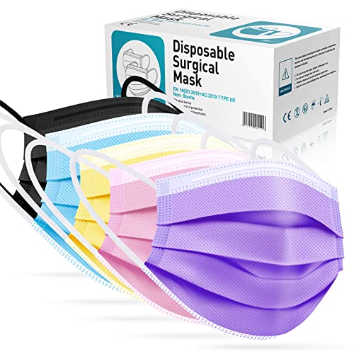 Rousig Masque Couleur Jetable Adulte, 50 pièces Type II R Certifié CE Masques Noir/Rose/Violet/Jaune/Bleu Filtrant, 3 Couches de Protection Respirant et Confortable - Couleur Mix Cover