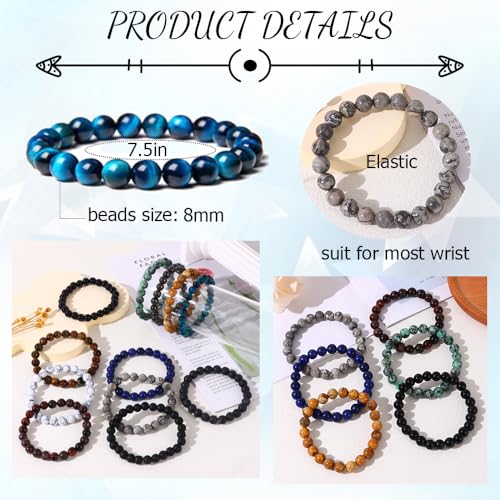 SAMOCO 12Pcs Tiger Eye Bracelet For Men 8MM Natural Stone Beads Bracelet Set Stretch Lava Rock Bracelets Adjustable Black Crystal Beaded Bracelet for Men Women Gifts3