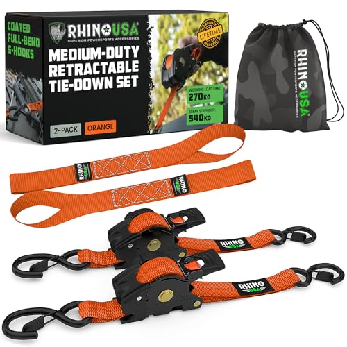 Rhino USA Selbstaufrollende Spanngurte (2er-Pack) - 2.5cm x 3m (540kg Bruchfestigkeit) - Hochleistungs-Automatik-Spanngurte für LKW Anhänger Motorrad Fahrrad & Mehr - Orange