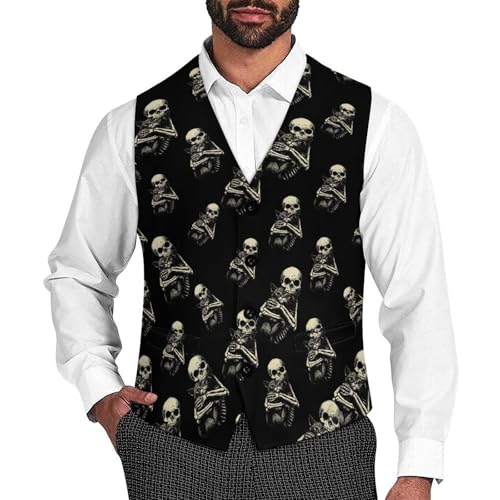 Skeleton Hugging Cat Suit Vest for Men Slim Fit Tuxedo Waistcoat Button Down V Neck Business Dress Coat